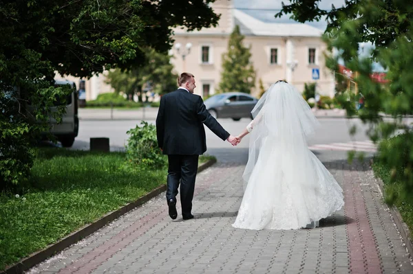 Happy wedding couple walking holding hands and smiling. — Stock Photo, Image