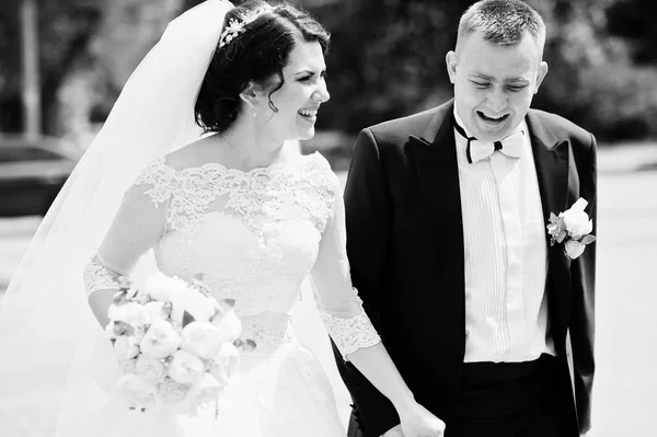 Feliz pareja de boda caminando cogidos de la mano y sonriendo. Negro y —  Fotos de Stock