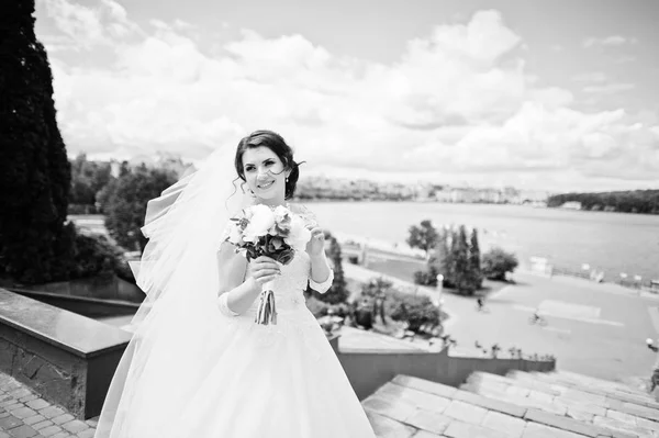 Веселая брюнетка невеста против голубого неба с удивительными облаками ба — стоковое фото