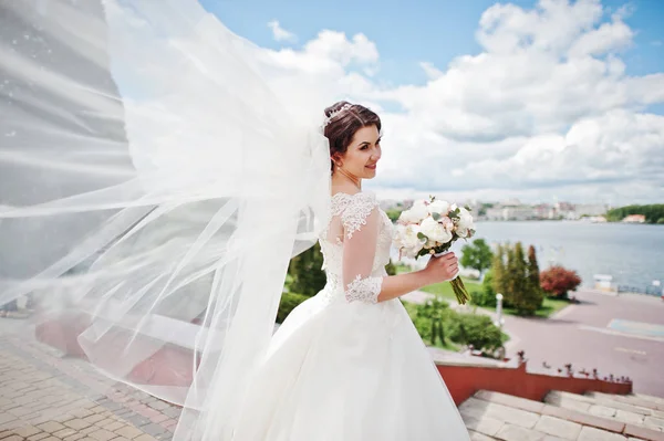 Cheerfull brunette bride with long veil against blue sky with am