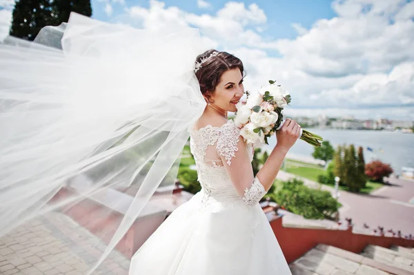 Cheerfull bruneta nevěsta s dlouhým závojem proti modré obloze s am — Stock fotografie