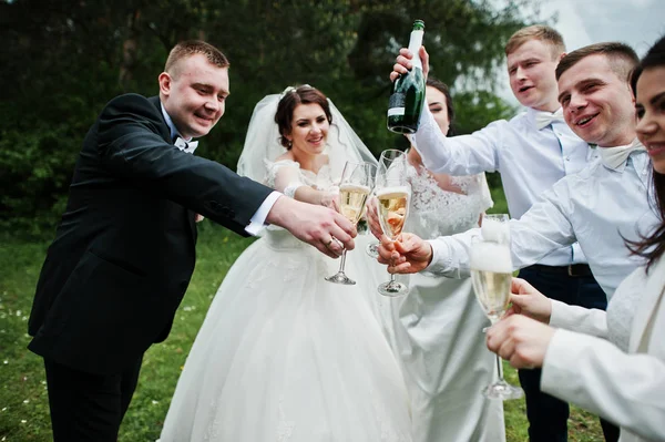 Esküvő házaspár a barátaikkal, iszik pezsgőt. — Stock Fotó