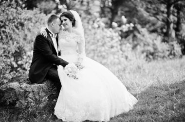 Büyük taş arka plan üzerinde güzel oturan güzel düğün Çift 