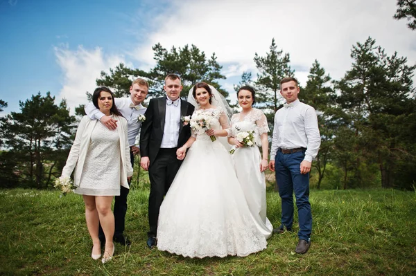 Legrační a šťastný svatební pár s družičky a nejlepší mans. — Stock fotografie