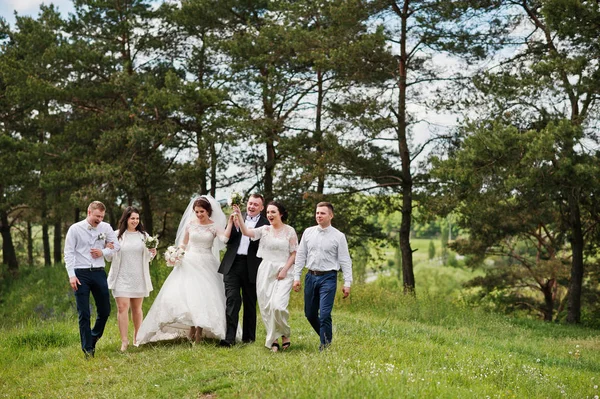 Смешная и счастливая супружеская пара с подружками невесты и шаферами . — стоковое фото