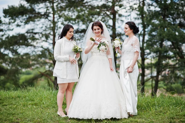 Mooie bruid met de bruidsmeisjes op witte jurken met boeketten op — Stockfoto