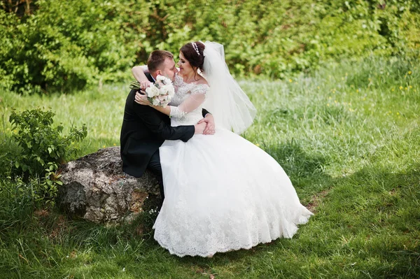 Lovely wedding couple sitting on big stone background beautiful — Stock Photo, Image