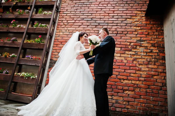Krásné svatební pár zůstat pozadí cihlová zeď. — Stock fotografie