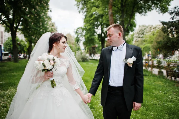 Frischvermählte halten Hand an ihrem Hochzeitstag. — Stockfoto