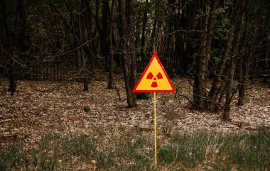 Radyasyon kirlilik işareti Çernobil, Ukr ölü orman arka plan
