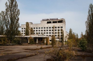 Hotel Polissya at Chernobyl city, Ukraine. Abadoned town.  clipart