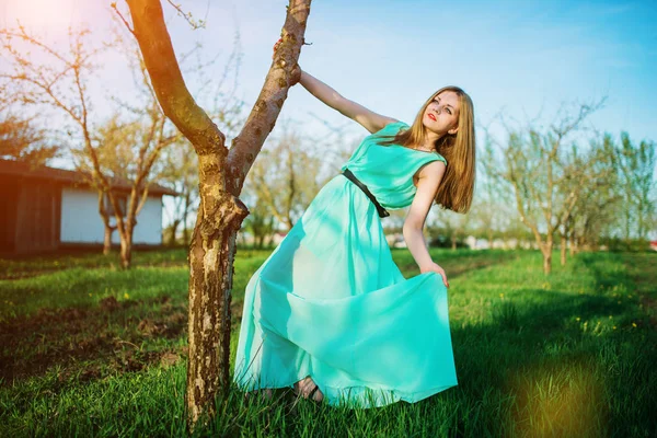 Mujer en un hermoso vestido largo turquesa posando en un prado en t — Foto de Stock