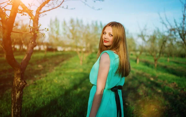 Mujer en un hermoso vestido largo turquesa posando en un prado en t —  Fotos de Stock