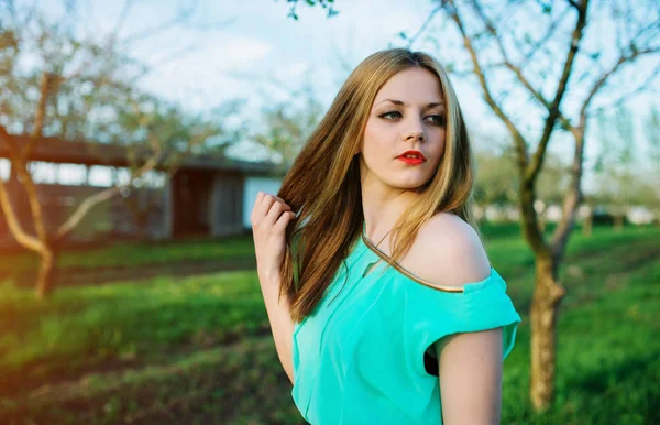 Mujer en un hermoso vestido largo turquesa posando en un prado en t — Foto de Stock