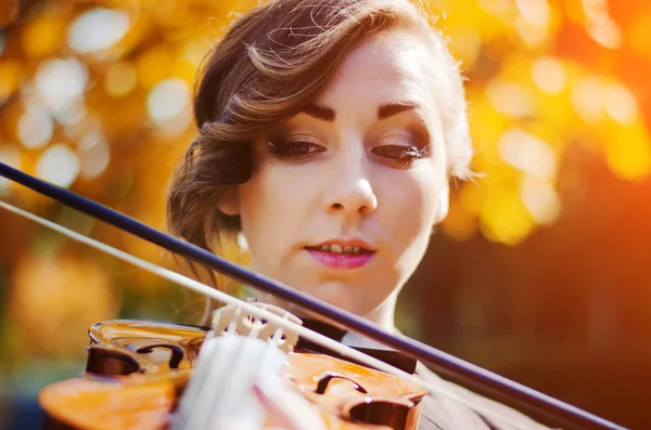 Retrato de chica inteligente con violín en las manos al aire libre en cacao marrón —  Fotos de Stock