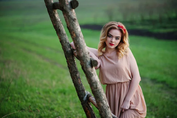Yong elegans blond flicka på rose klänning på trädgården bakgrunden — Stockfoto