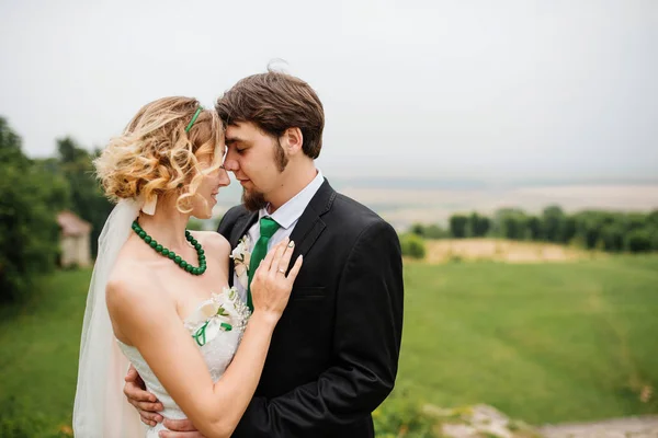 Abbracciare matrimonio coppia innamorata su nuvoloso tempo all'aperto . — Foto Stock