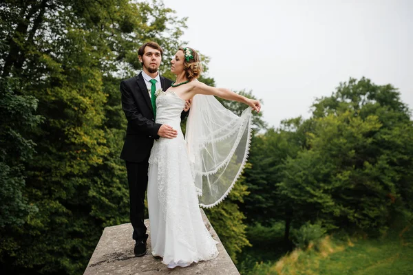 Abbracciare matrimonio coppia innamorata su nuvoloso tempo all'aperto . — Foto Stock