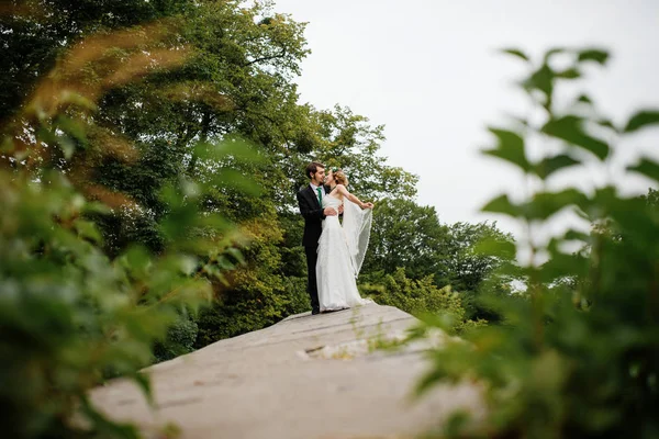 Abraçando casal de casamento apaixonado em tempo nublado ao ar livre . — Fotografia de Stock