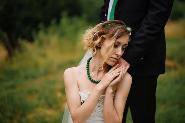 Gelin Damat el sarılmak. Yeni evliler aşık düğün günü. — Stok fotoğraf