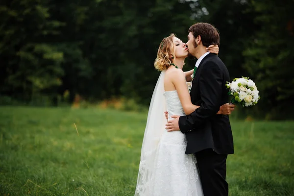 Düğün çifti üzerinde bulutlu hava açık aşık kucaklayan. — Stok fotoğraf