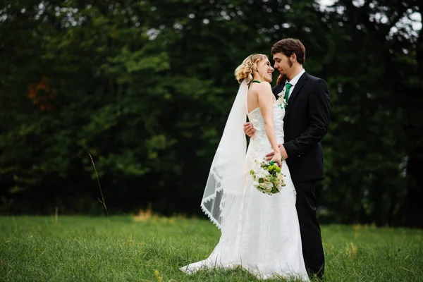 Embracing wedding couple in love on cloudy weather outdoor. — Stock Photo, Image