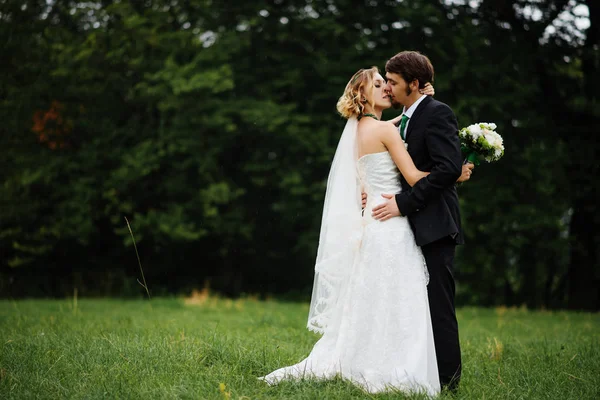 Embracing wedding couple in love on cloudy weather outdoor. Royalty Free Stock Photos