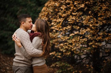 CI, aşık sarılma bağlı sıcak kazak giyen genç Çift