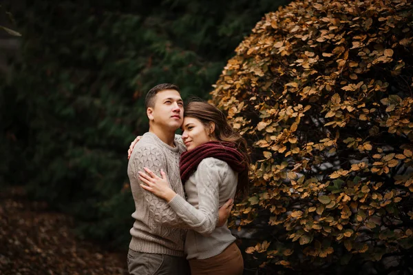 Pareja joven vestida con suéteres calientes atados abrazándose en el amor en ci —  Fotos de Stock