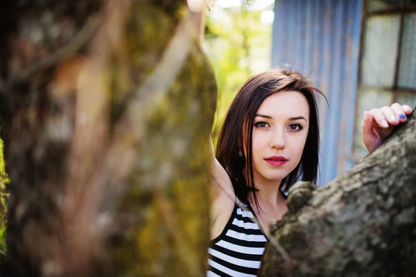 Morena modelo chica en vestido con rayas posado cerca del árbol . —  Fotos de Stock
