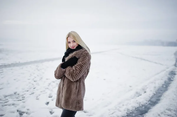 Portrét mladé eleganci blondýnku v pozadí kabát kožešina — Stock fotografie