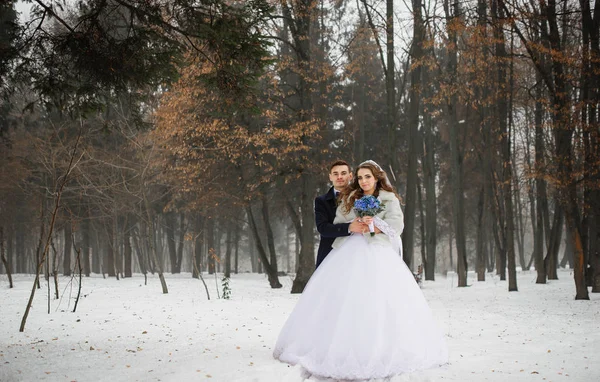 Mladé stylové svatební pár v lese na zimní den. Milující nový — Stock fotografie