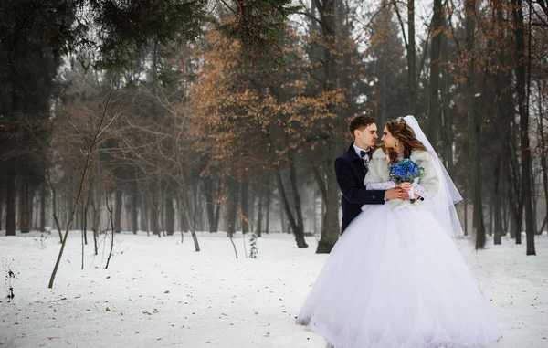 Young stylish wedding couple at forest on winter day. Loving new — Stock Photo, Image