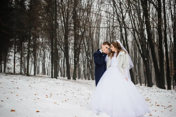 Joven pareja de boda con estilo en el bosque en el día de invierno. Amando lo nuevo — Foto de Stock