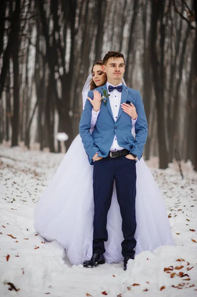 Joven pareja de boda con estilo en el bosque en el día de invierno. Amando lo nuevo — Foto de Stock