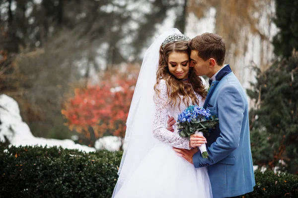 Someone special lovely wedding couple in love at winter day. — Stock Photo, Image