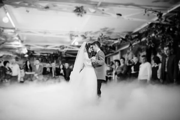 Luxury first wedding dance of newlyweds with heavy smoke and dif — Stock Photo, Image