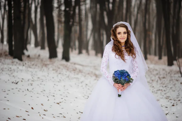 Wo に対して冬の日でブルーのウェディング ブーケでかなり若い花嫁 — ストック写真