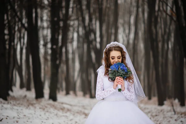 Bella giovane sposa con bouquet da sposa blu nel giorno d'inverno su wo — Foto Stock