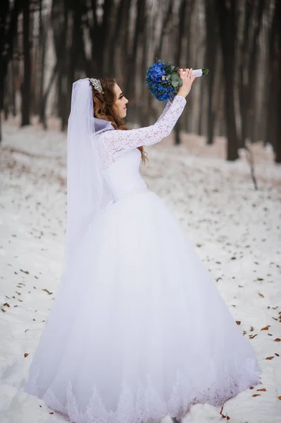 Bella giovane sposa con bouquet da sposa blu nel giorno d'inverno su wo — Foto Stock