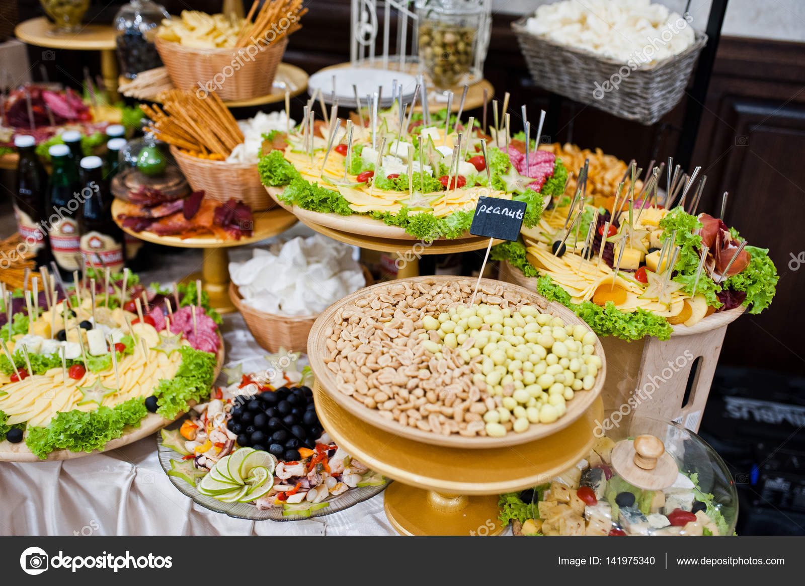 Diferrent Peanuts Cheese Meat And Salads On Wedding Reception