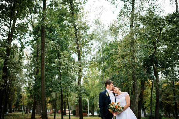 Pareja de boda posó en el parque verde en su hermoso día . — Foto de Stock