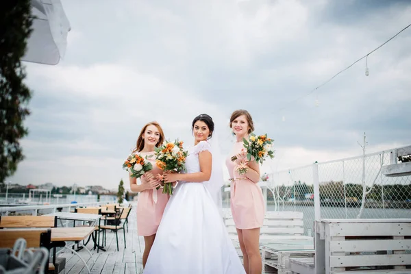 Braut mit Brautjungfern posierte bei bewölkter Hochzeit auf dem Steg — Stockfoto