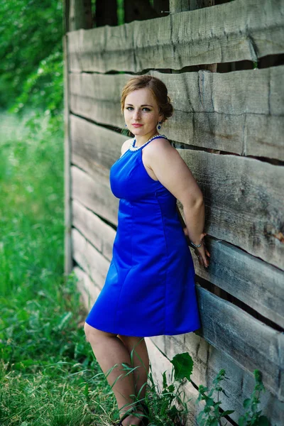 Νέοι υπέρβαρα κορίτσι το μπλε φόρεμα που θέτει φόντο άνοιξη gard — Φωτογραφία Αρχείου