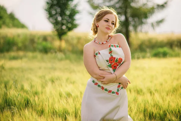Молодая девушка в украинской национальной одежде позировала на венчальном поле . — стоковое фото