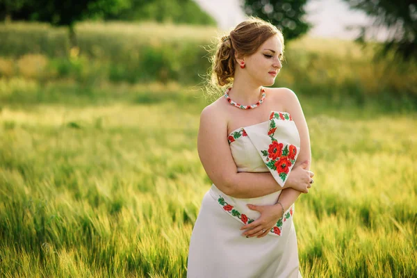 Jong meisje op de Oekraïense nationale jurk gesteld bij krans veld. — Stockfoto