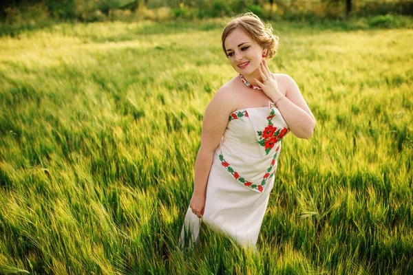 Jeune fille à la robe nationale ukrainienne posée au champ de couronnes . — Photo