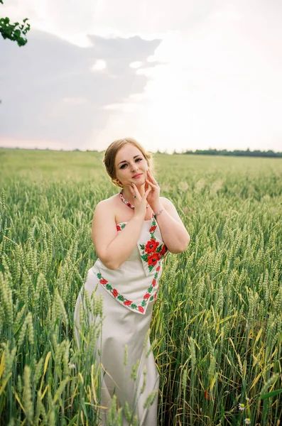 Chica joven en el vestido nacional ucraniano posó en el campo de la corona . —  Fotos de Stock