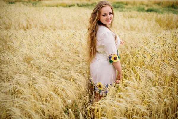Jeune fille à la robe nationale ukrainienne posée au champ de couronnes . — Photo