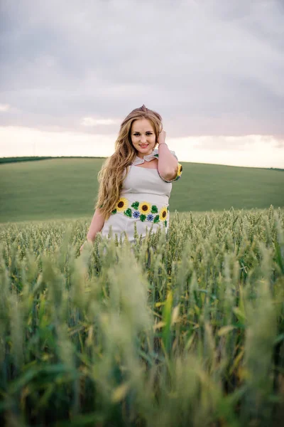 Ung flicka på ukrainska nationella klä poserade på krans field. — Stockfoto